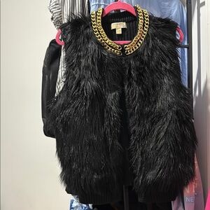 MICHAEL Michael Kors Black Faux Fur Vest with Gold Chain Detail
